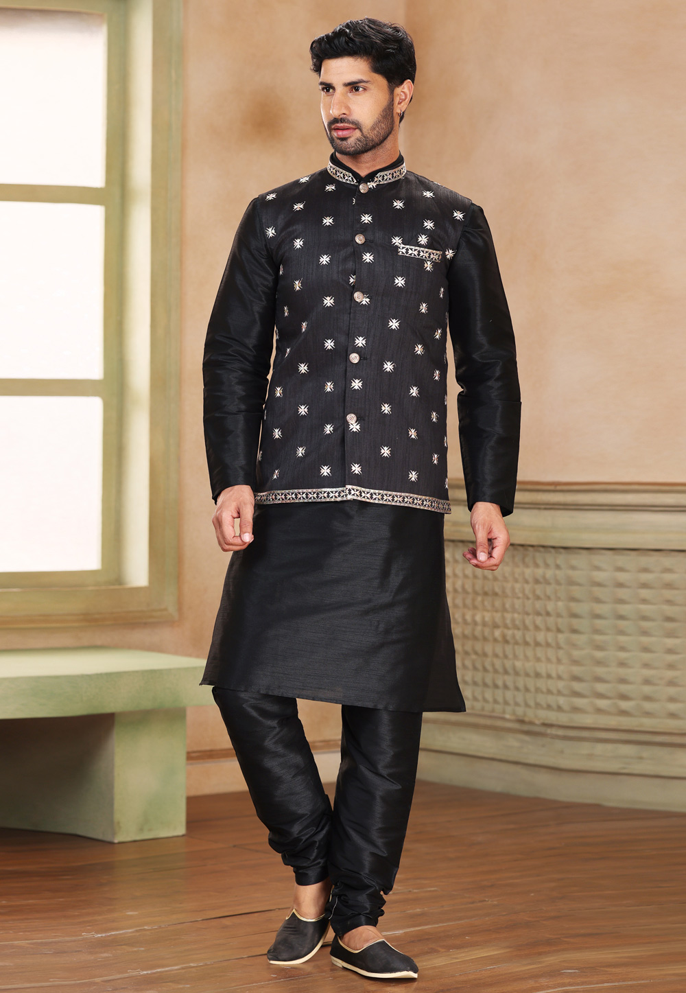 Black Banarasi Silk Kurta Pajama With Jacket 264610