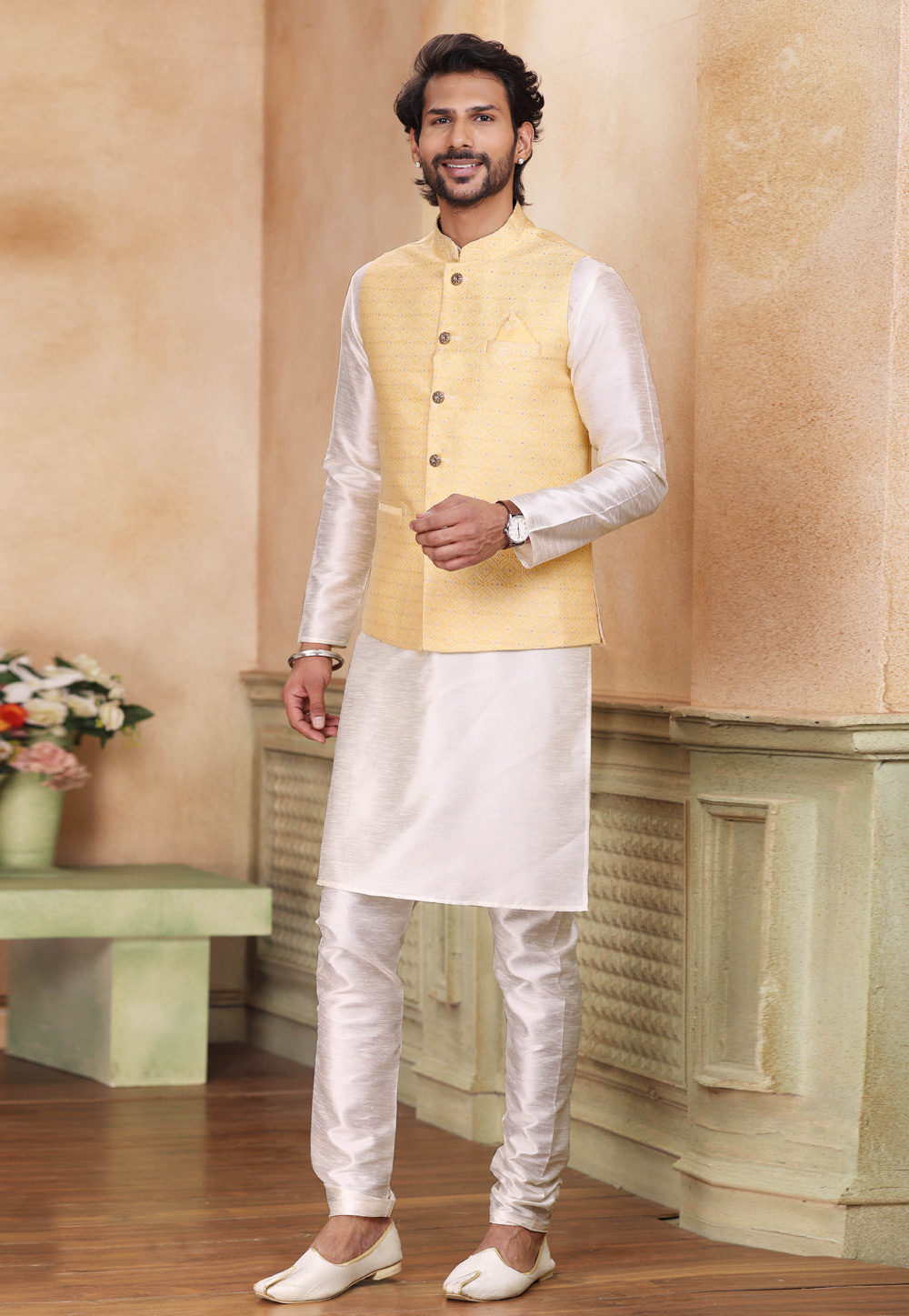 Off White Banarasi Silk Kurta Pajama With Jacket 264611