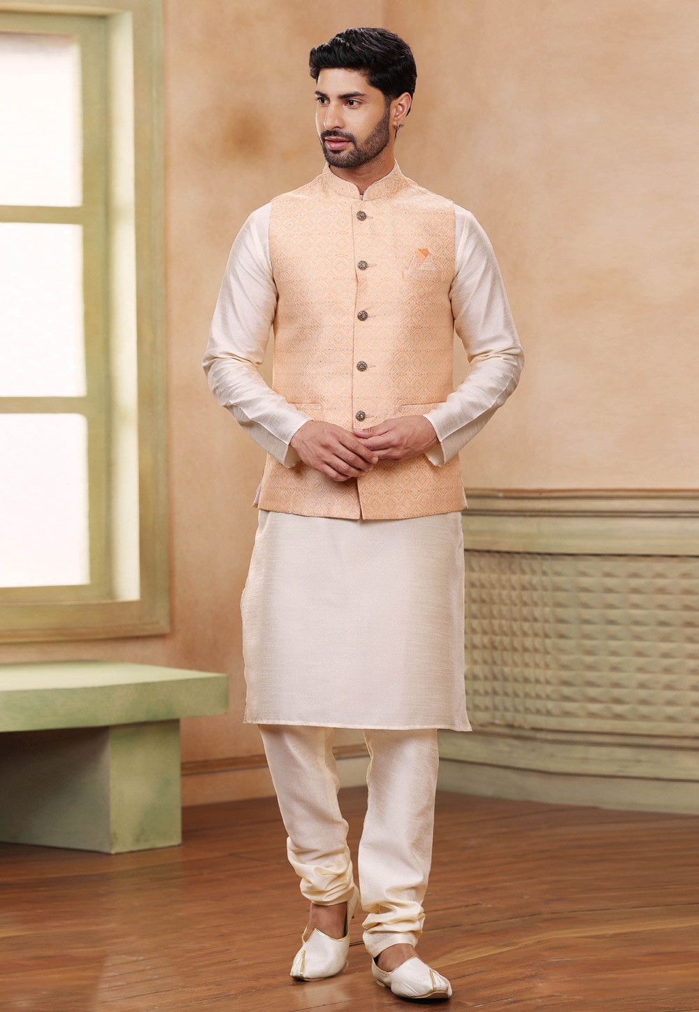 Cream Banarasi Silk Kurta Pajama With Jacket 264612