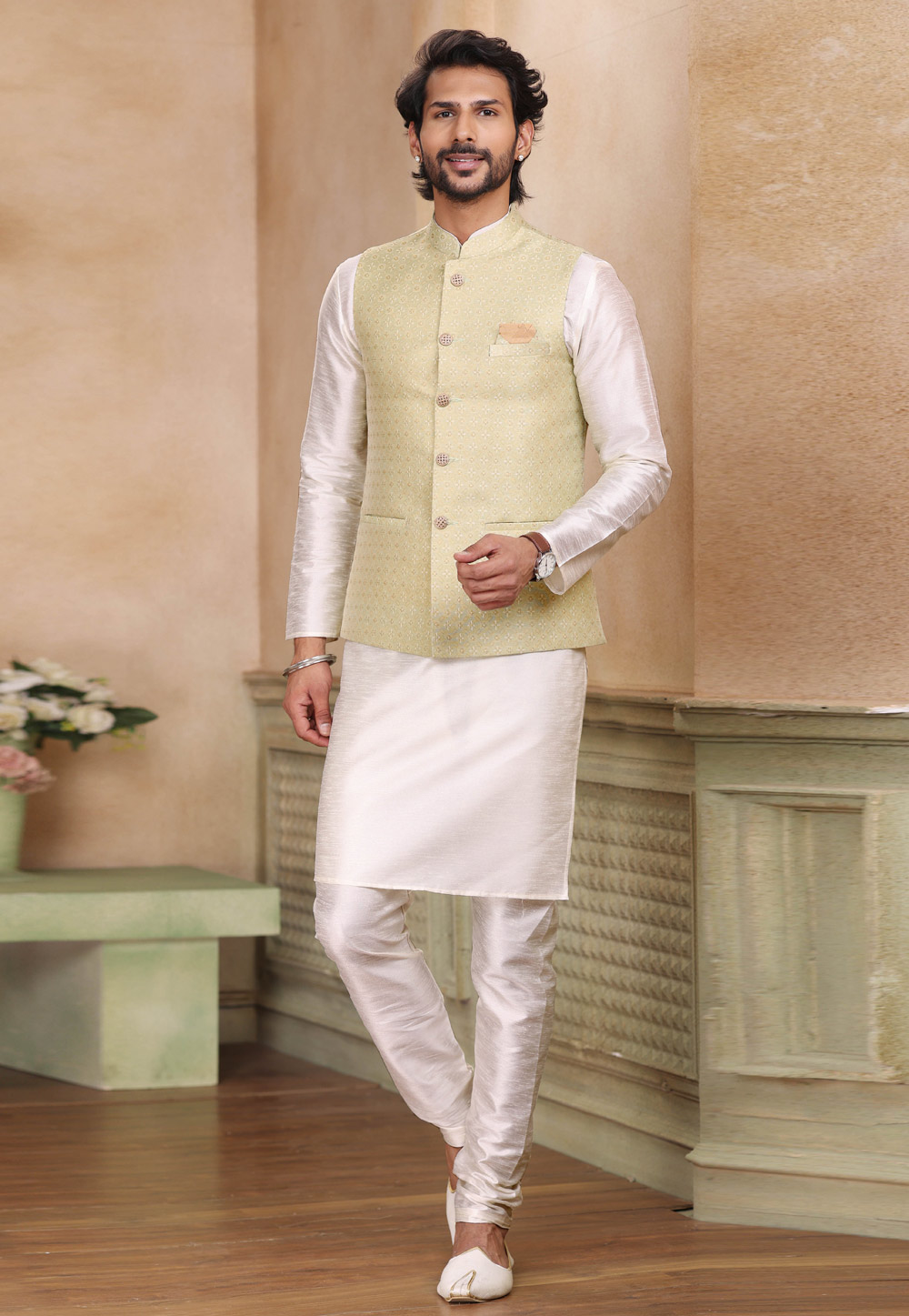 Off White Banarasi Silk Kurta Pajama With Jacket 264615