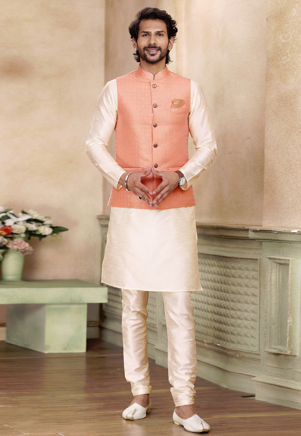 Off White Banarasi Silk Kurta Pajama With Jacket 264616