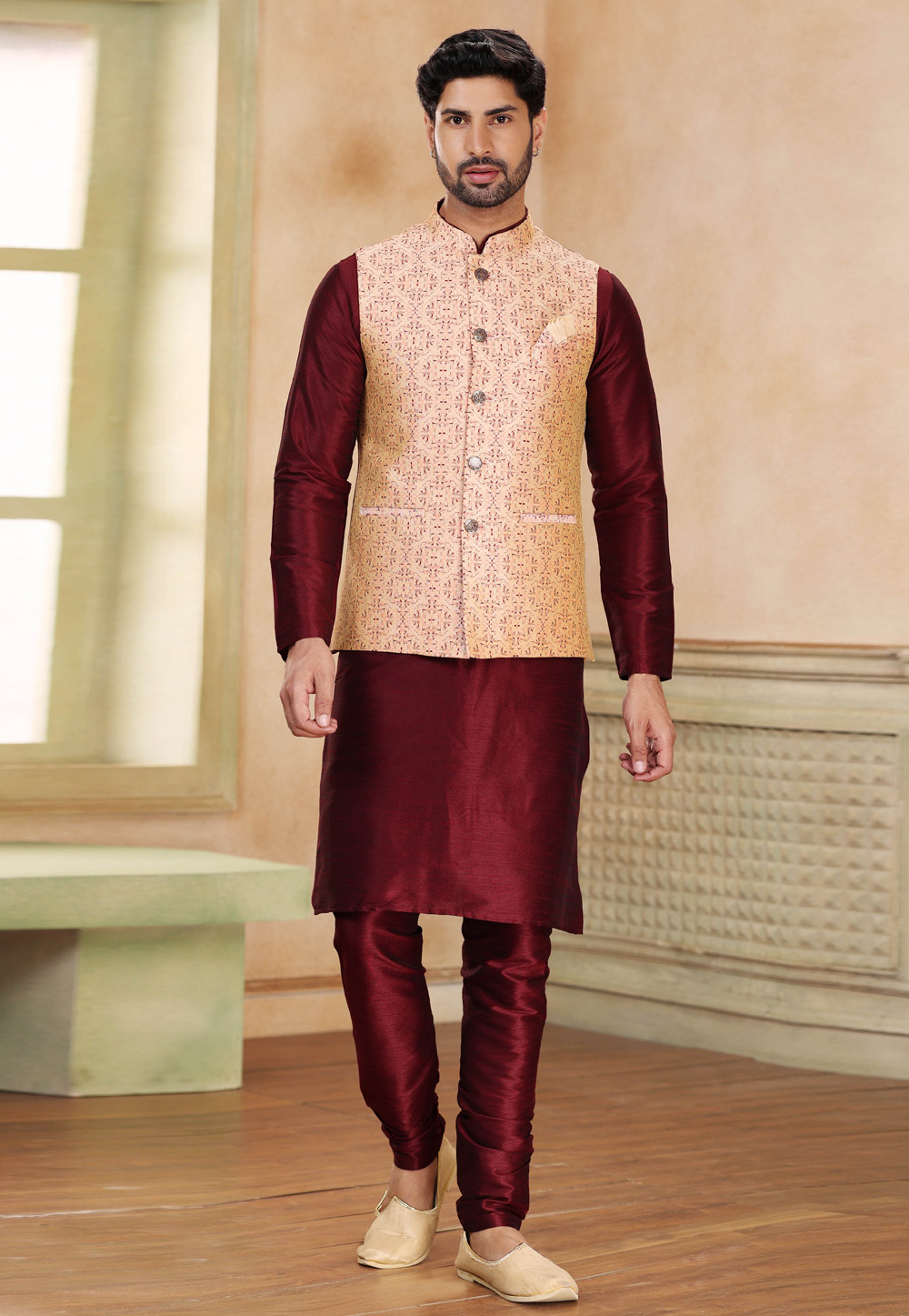 Maroon Banarasi Silk Kurta Pajama With Jacket 264619