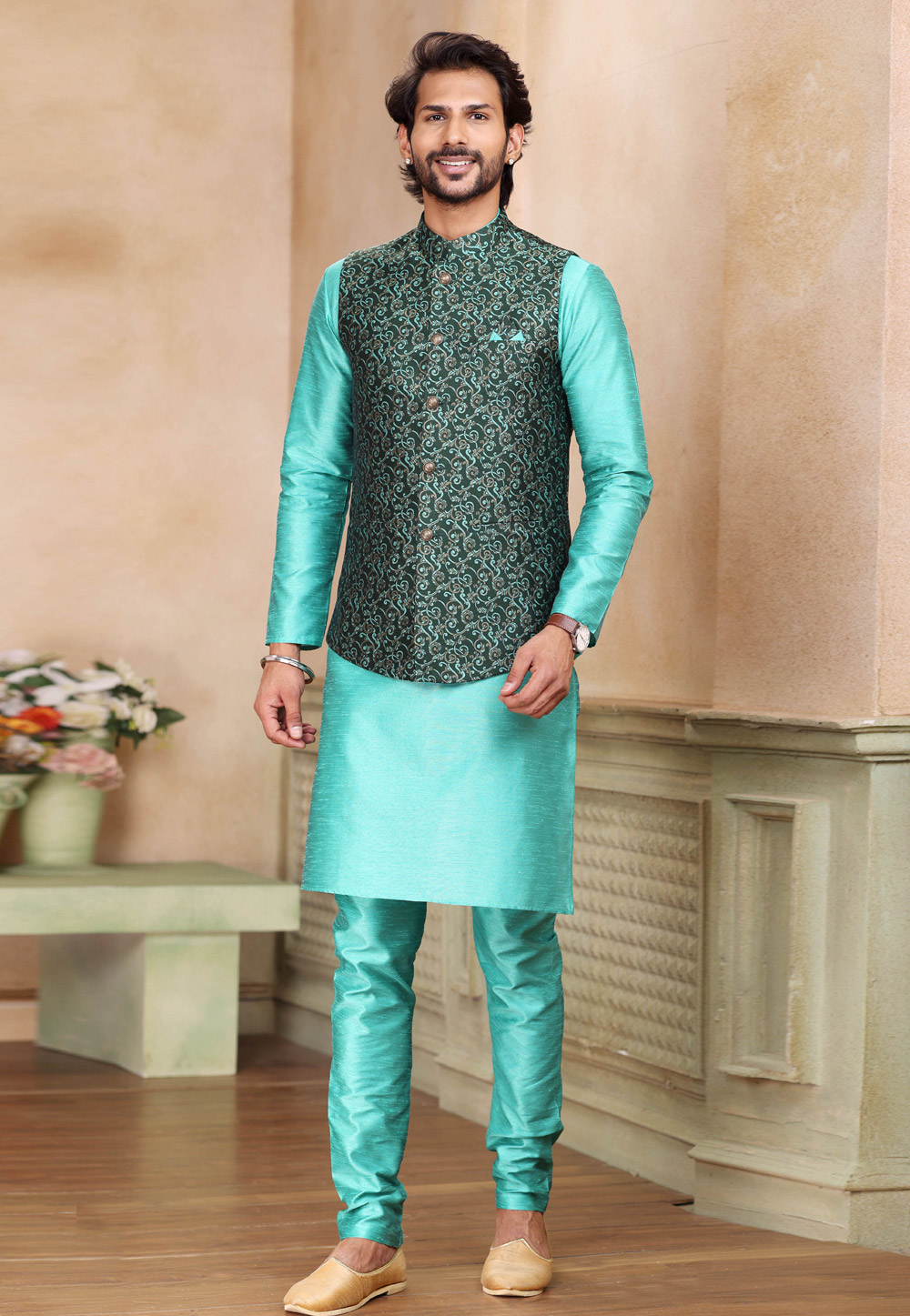 Aqua Banarasi Silk Kurta Pajama With Jacket 264620