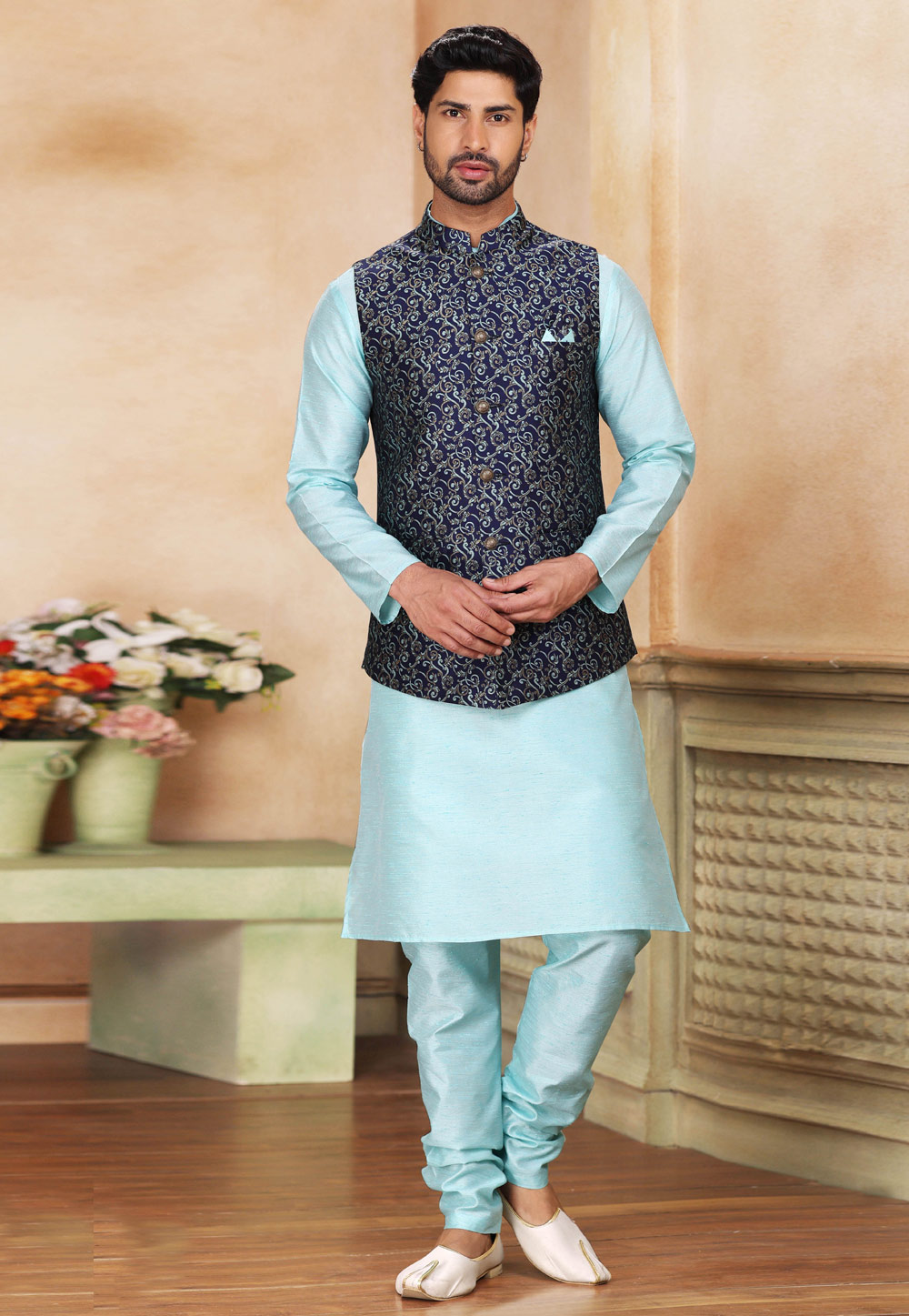 Sky Blue Banarasi Silk Kurta Pajama With Jacket 264621