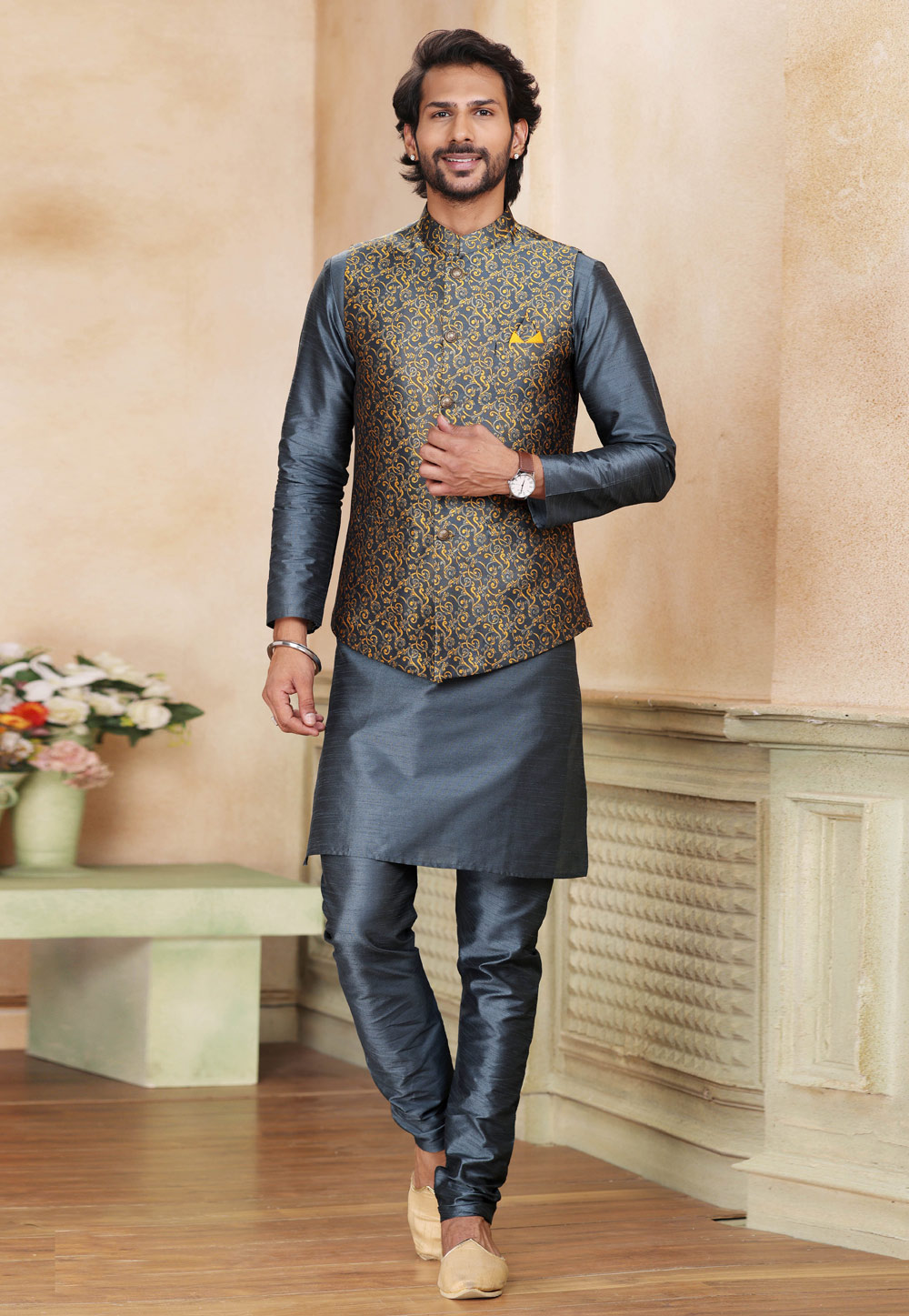 Grey Banarasi Silk Kurta Pajama With Jacket 264622