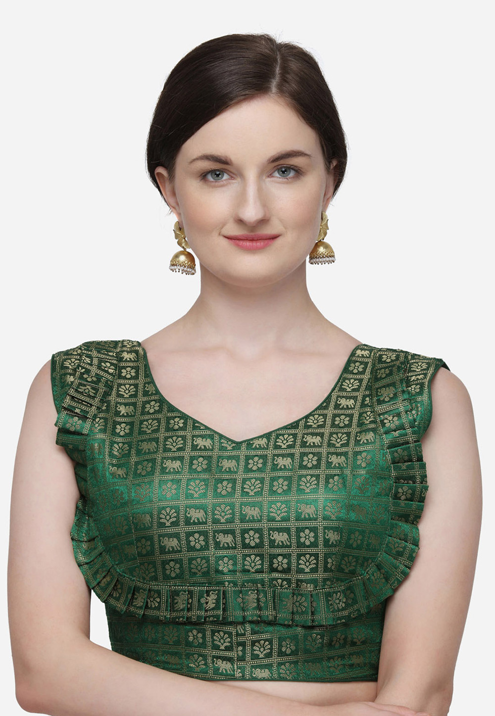 Green Jacquard Readymade Blouse 231243