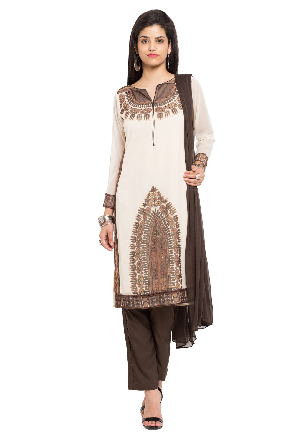 Cream Faux Georgette Readymade Pant Style Suit 230382