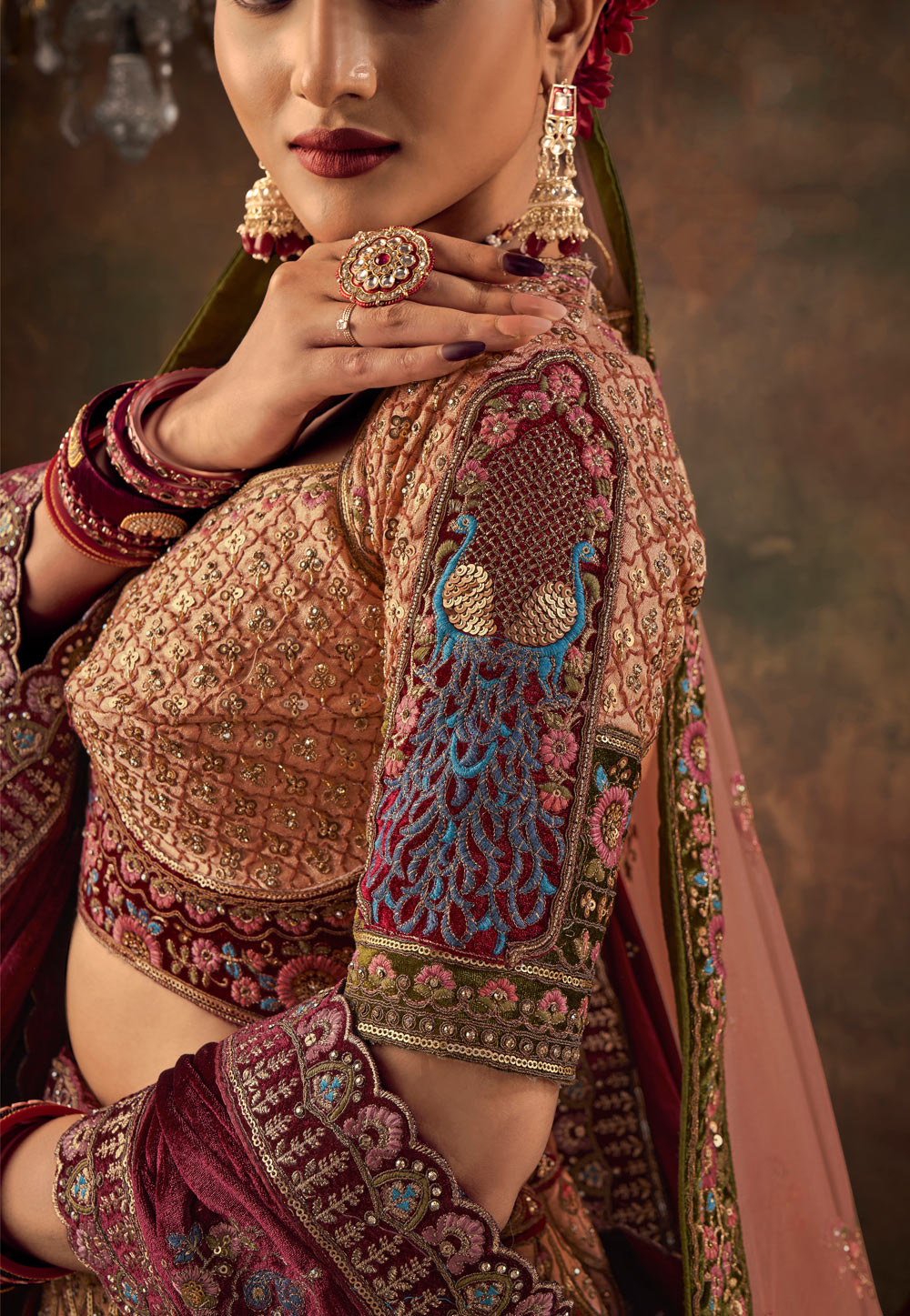 Stunning peach lehenga with gold choker for wedding. See more on  wedmegood.com #wedmegood #indianweddi… | Indian wedding outfits, Pakistani  bridal wear, Desi bride