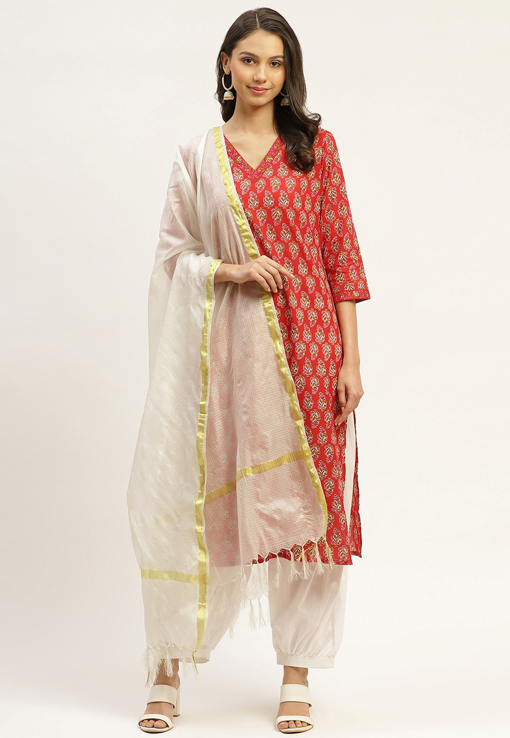 Red Cotton Readymade Punjabi Suit 221836