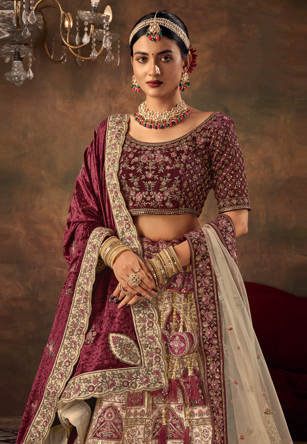 Maroon Bridal Lehenga Set With Traditional Prints