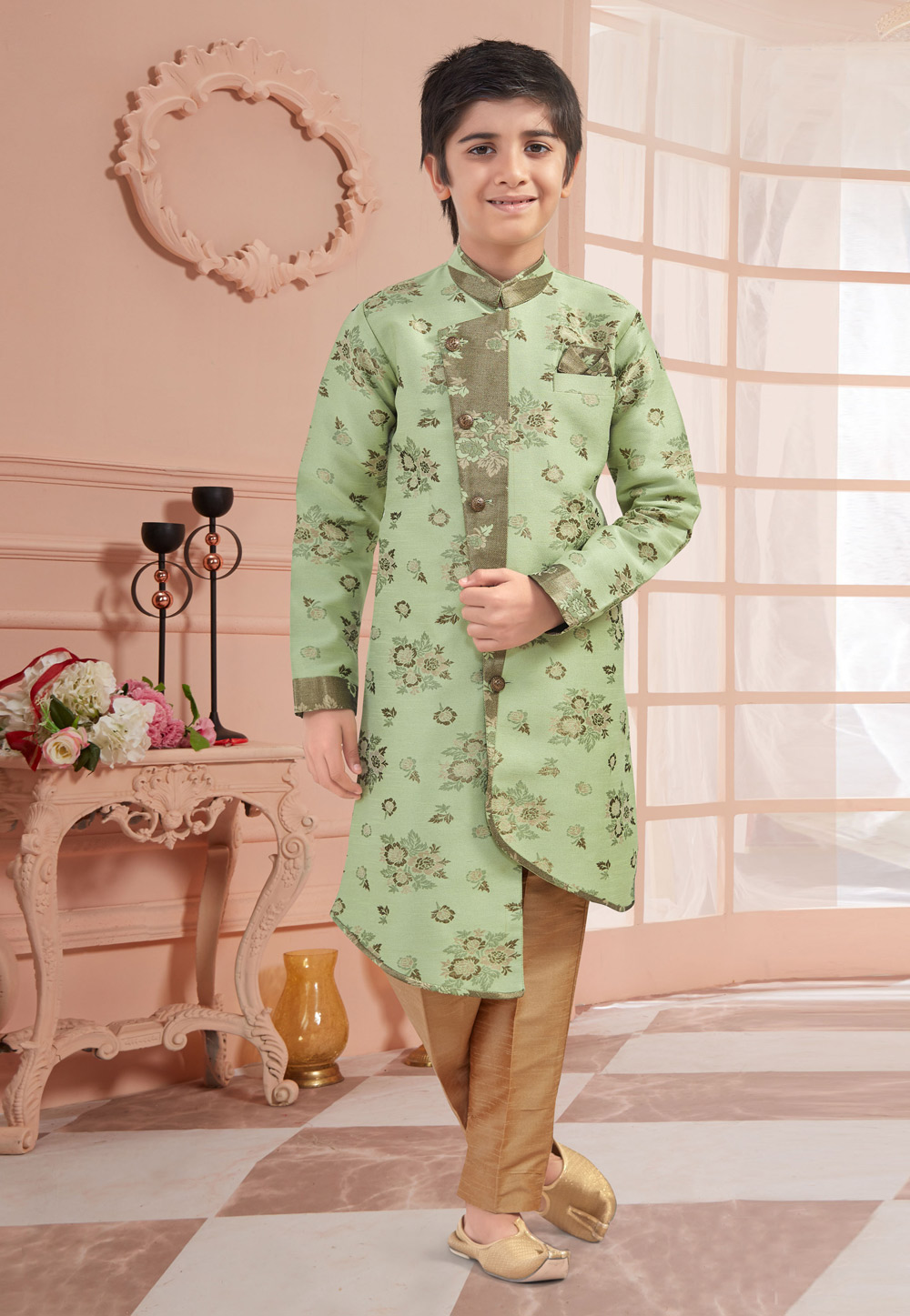 Pista Green Jacquard Readymade Kids Indo Western Suit 200845