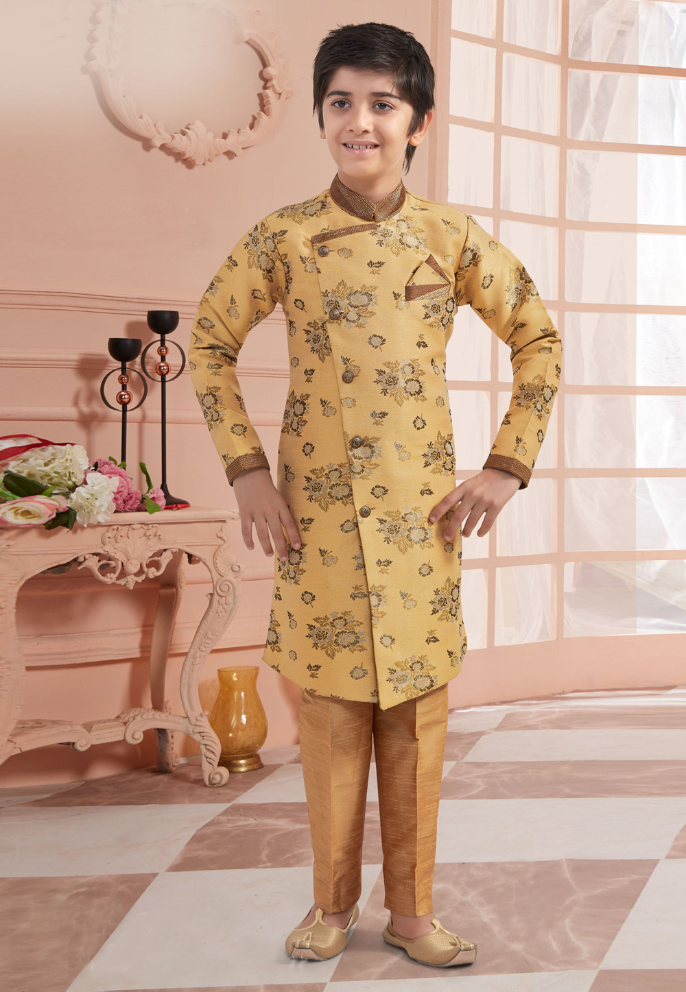 Yellow Jacquard Readymade Kids Indo Western Suit 200846