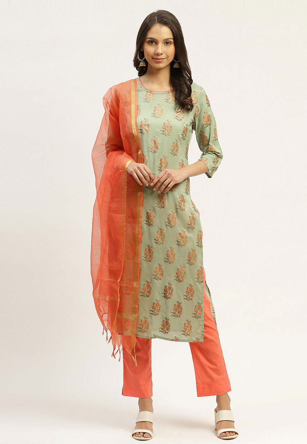 Light Green Cotton Readymade Pant Style Suit 221839