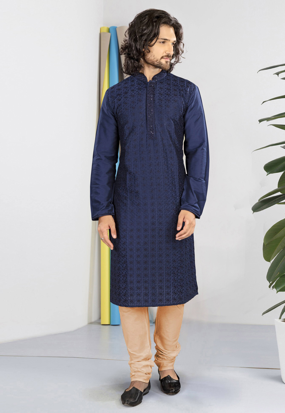 Navy Blue Polyester Kurta Pajama 231557