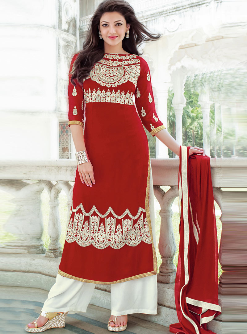 Kajal Aggarwal Red Georgette Palazzo Style Suit 87857