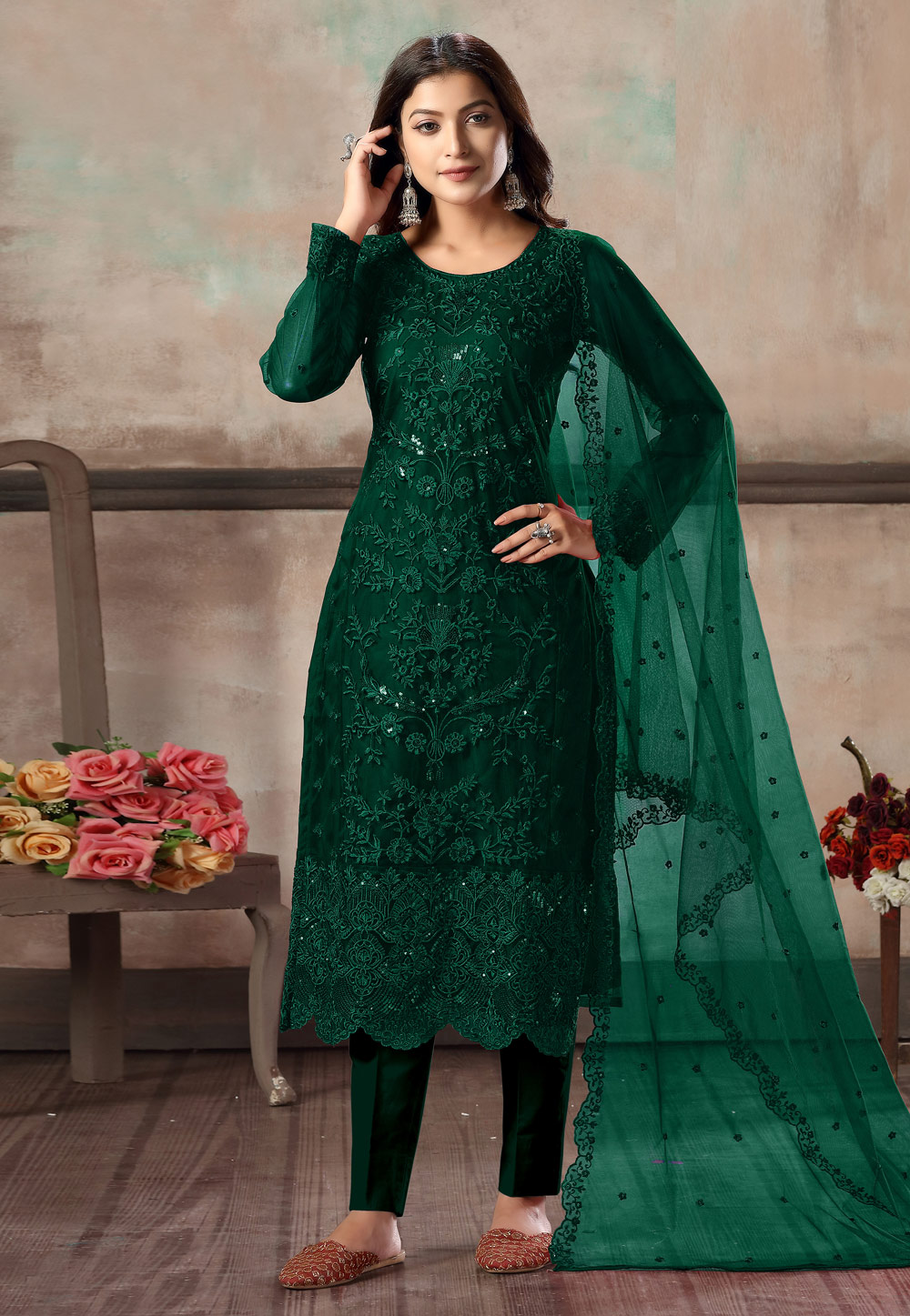 Green Net Embroidered Pant Style Suit 216566