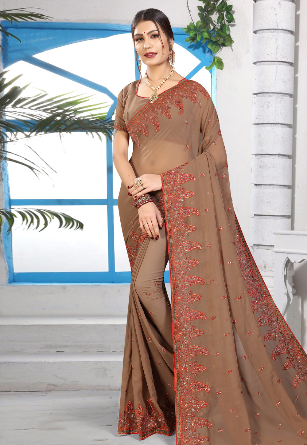 Brown Georgette Saree With Blouse 169951