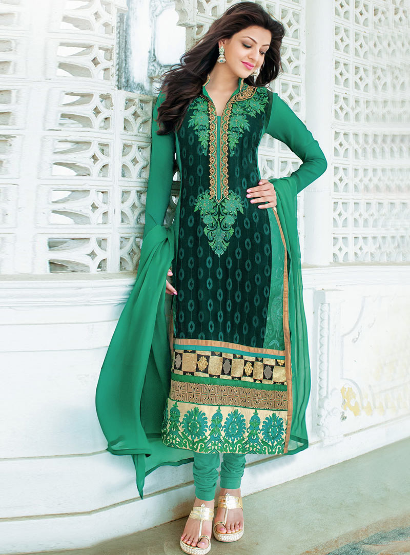 Kajal Aggarwal Green Georgette Churidar Salwar Suit 87860