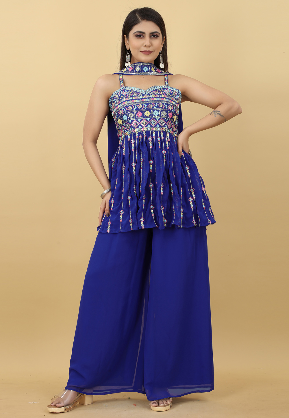 Blue Georgette Readymade Palazzo Suit 268184