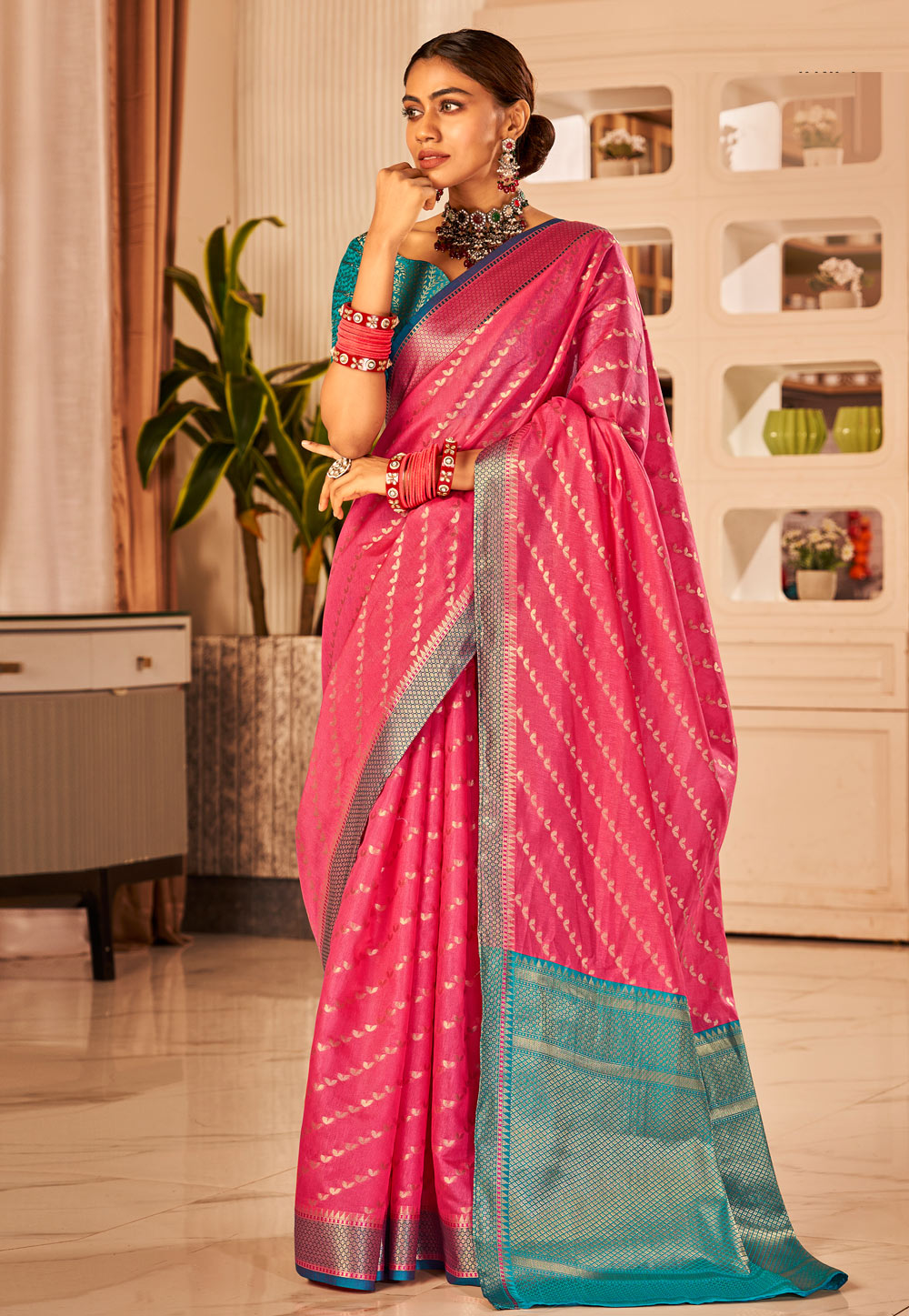 Pink Banarasi Silk Saree With Blouse 272300
