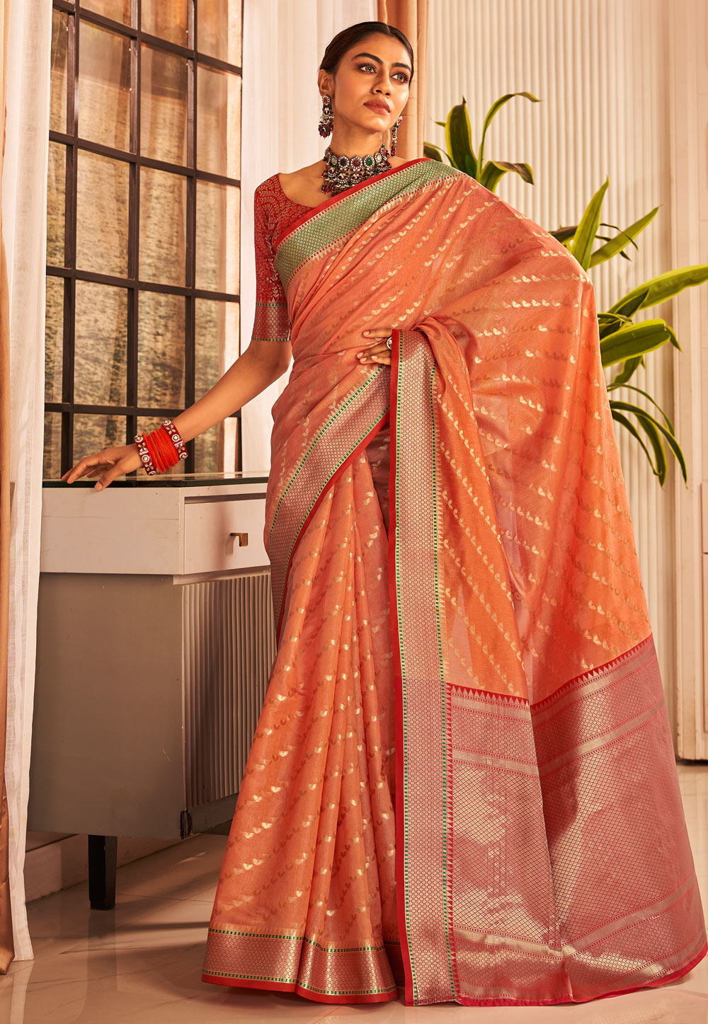 Orange Banarasi Silk Saree With Blouse 272302