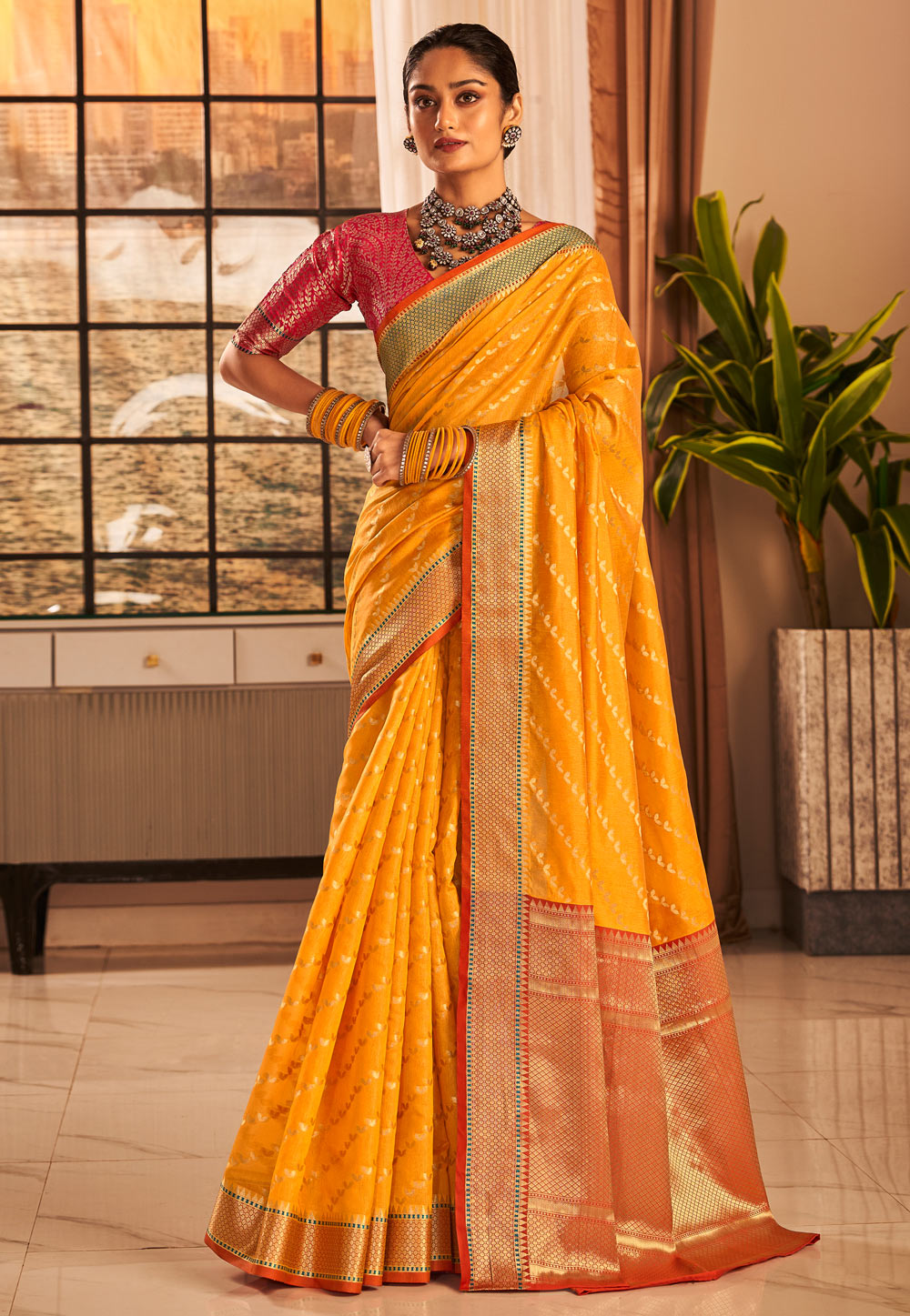 Yellow Banarasi Silk Saree With Blouse 272304