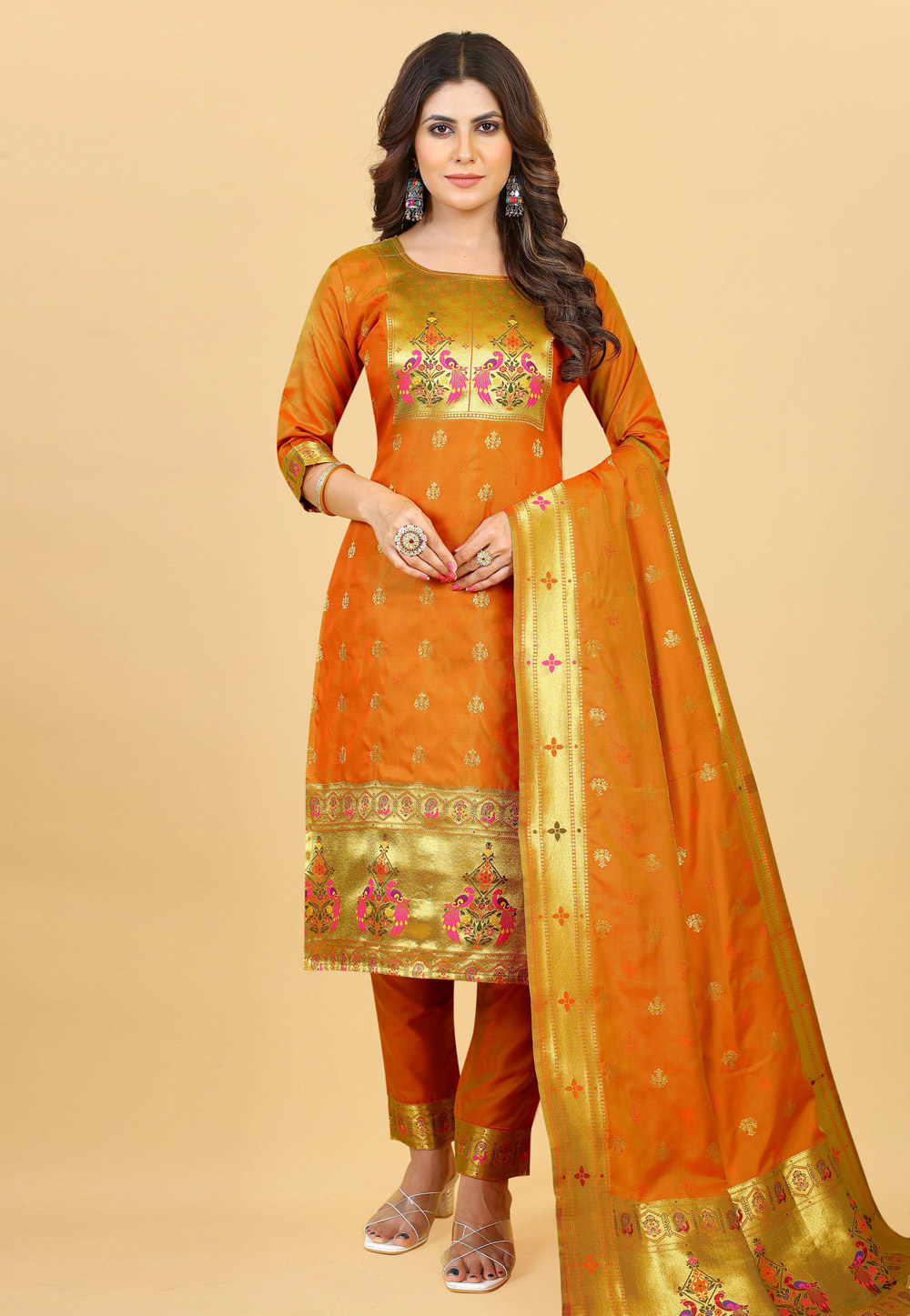 Orange Silk Pakistani Suit 265316