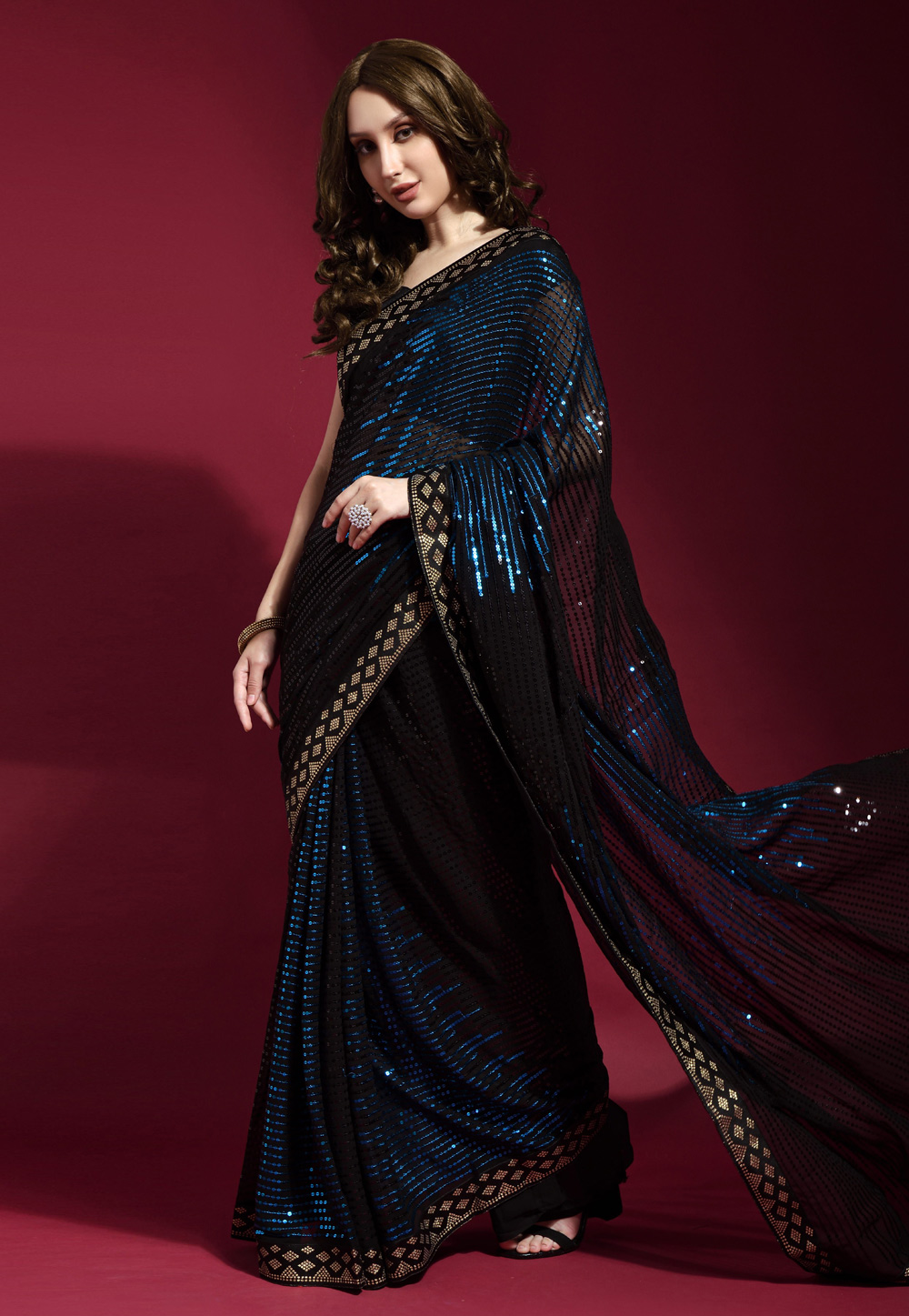 Denim Black Chiniyan Banarasi Silk Saree With Floral Stripes Weaving |  Singhania's