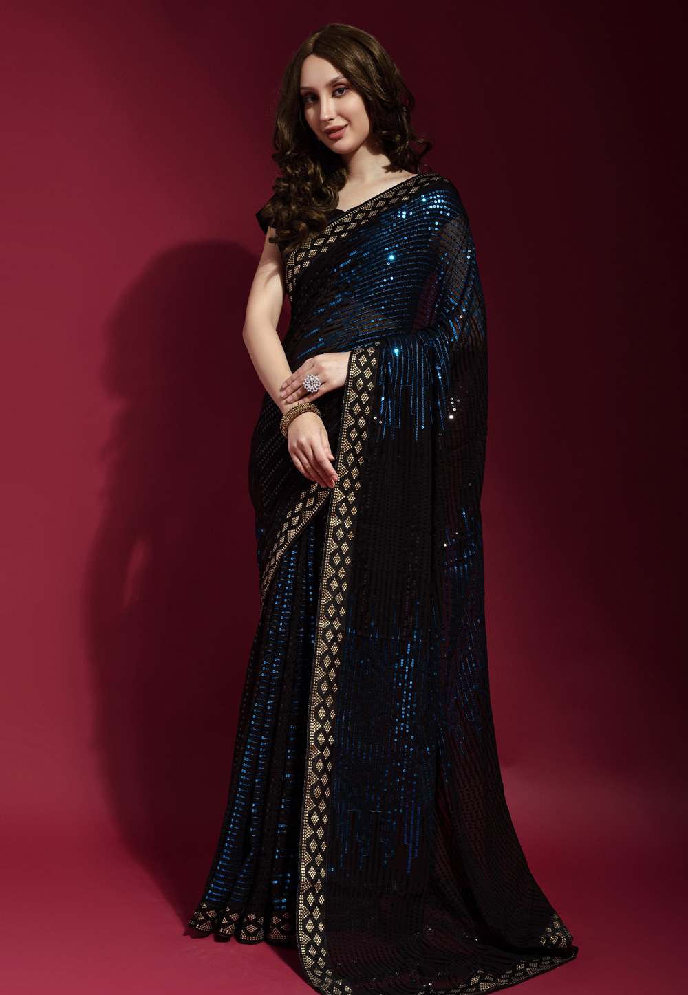 Navy Blue Georgette Sequence Saree 248506