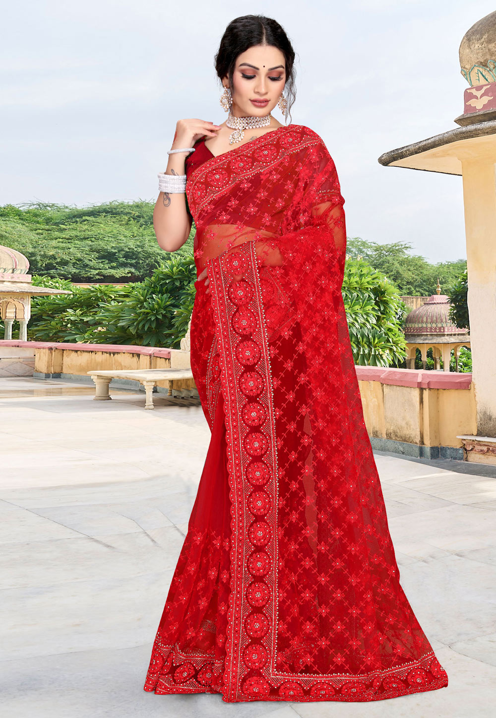 Red Net Saree With Blouse 256931
