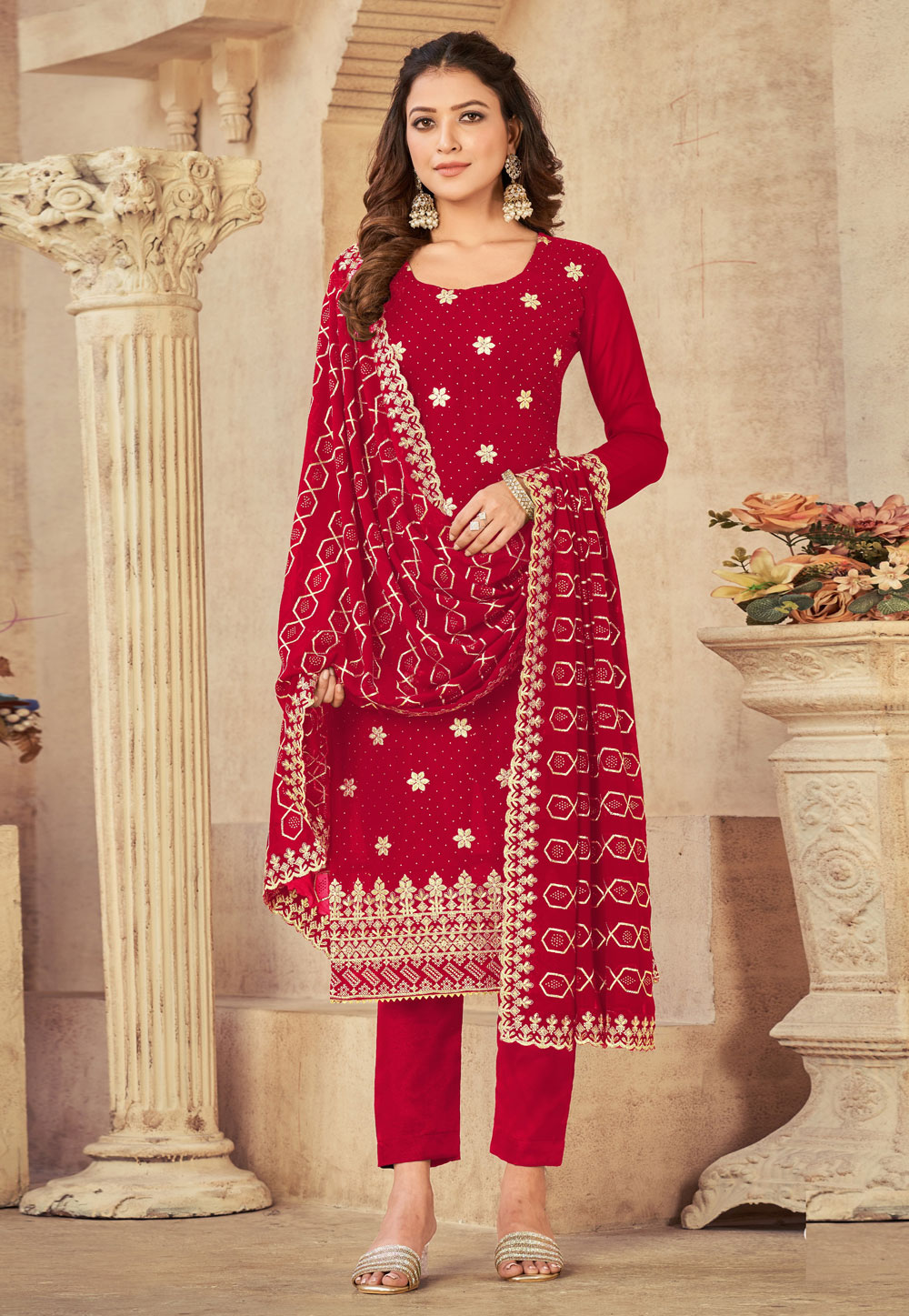 Red Georgette Pant Style Suit 265195