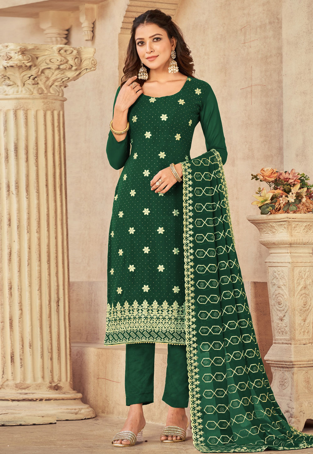 Green Georgette Pant Style Suit 265197