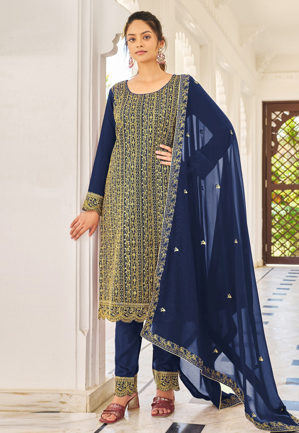 Navy Blue Georgette Embroidered Pant Style Suit 265191