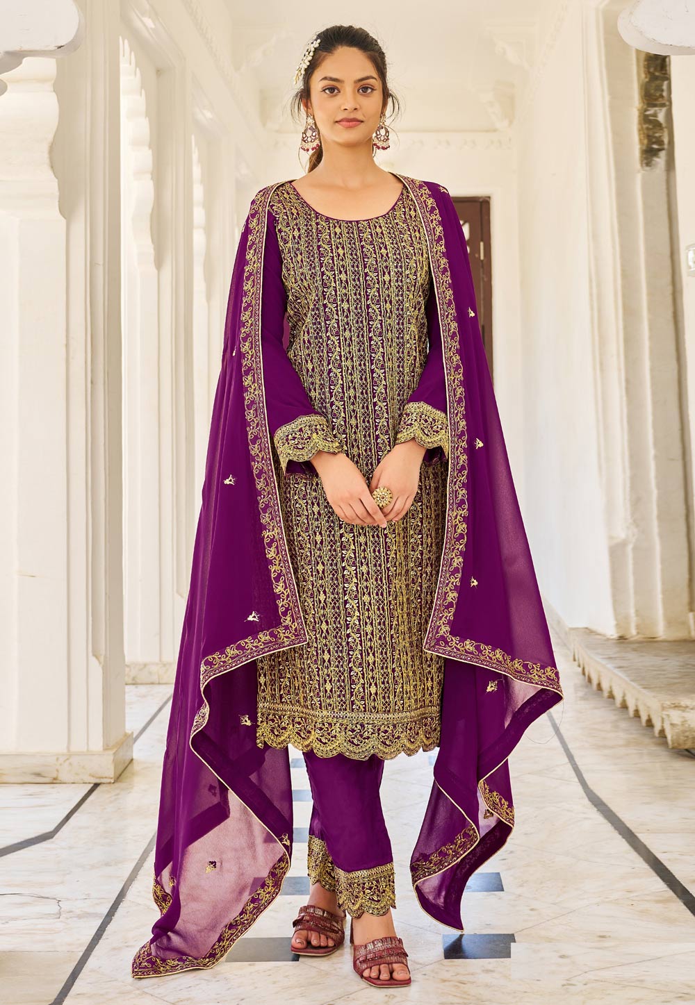 Purple Georgette Embroidered Pant Style Suit 265193