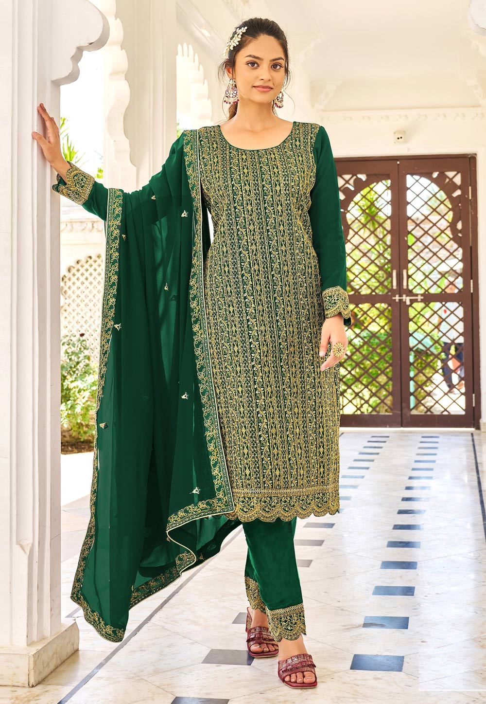Green Georgette Embroidered Pakistani Suit 265194