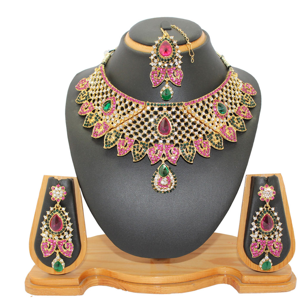 Pink Zinc Austrian Diamonds Necklace With Earrings and Maang Tikka 64347