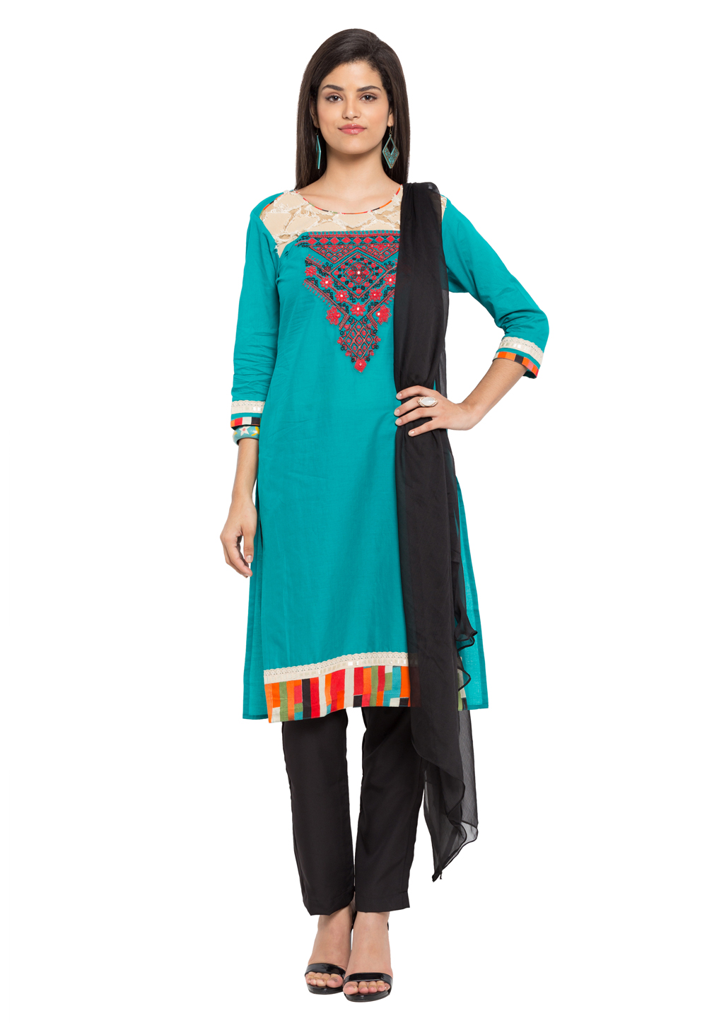 Turquoise Cotton Readymade Pant Style Suit 230388