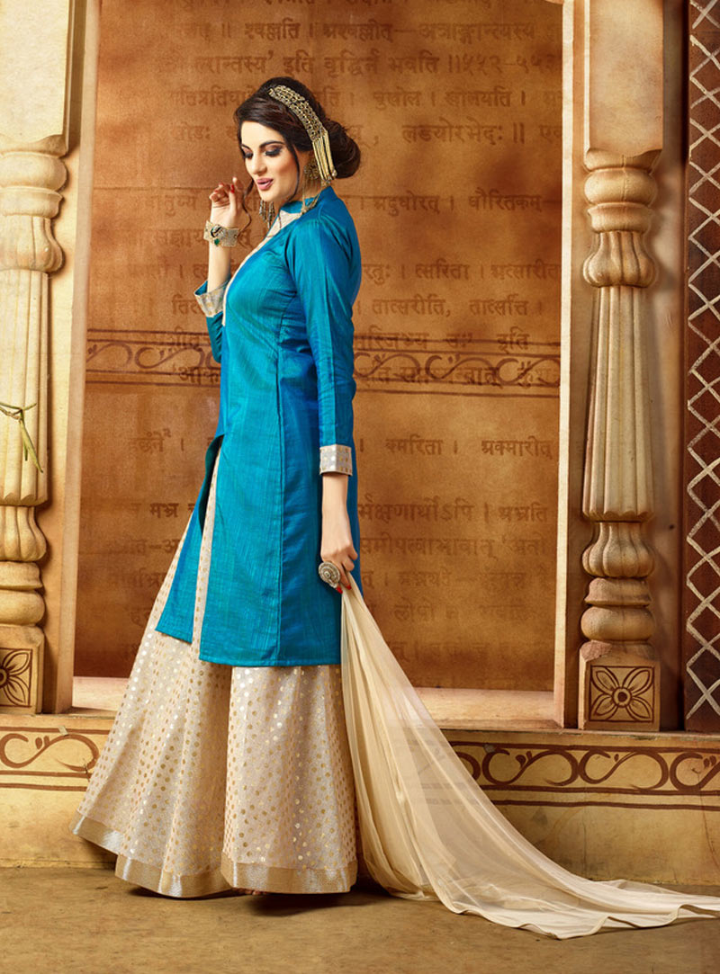 Blue Banarasi Silk Lehenga With Long Choli 88365