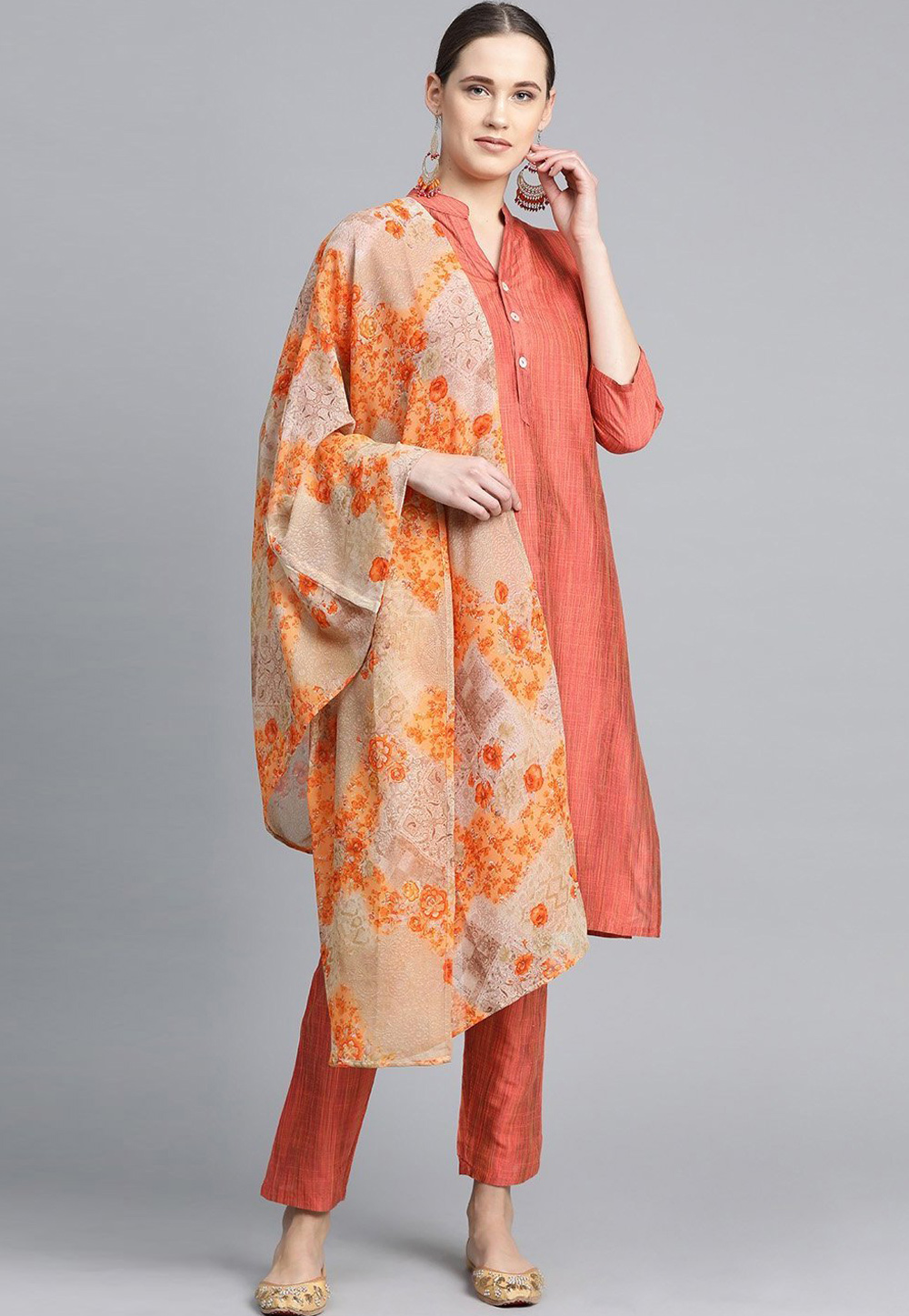 Orange Cotton Silk Readymade Pant Style Suit 222036