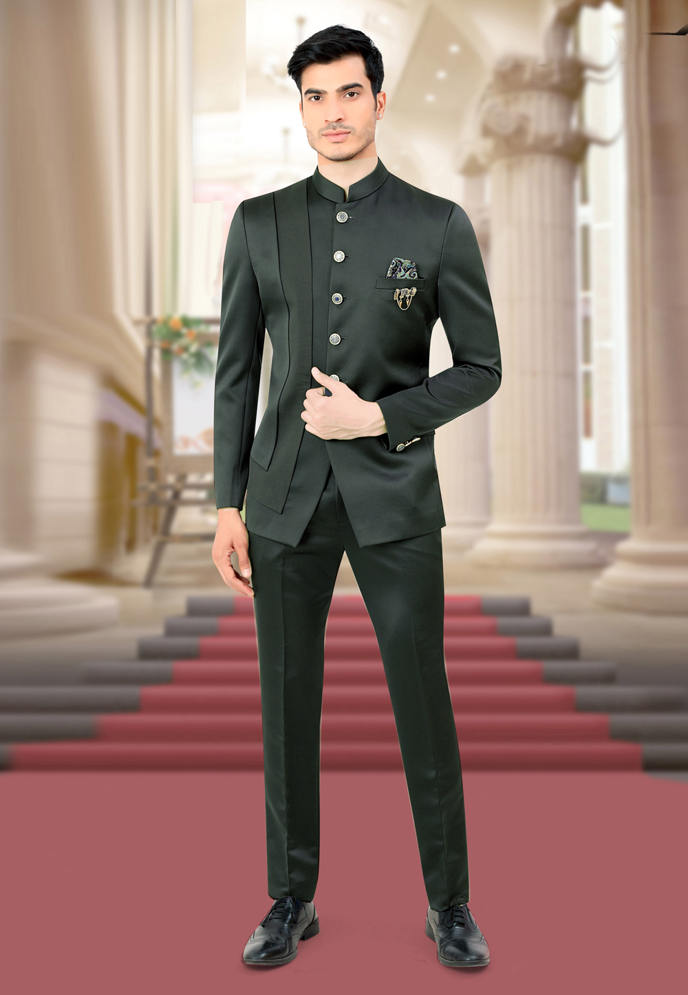 17249816062023 Camo Green Rayon Jodhpuri Suit