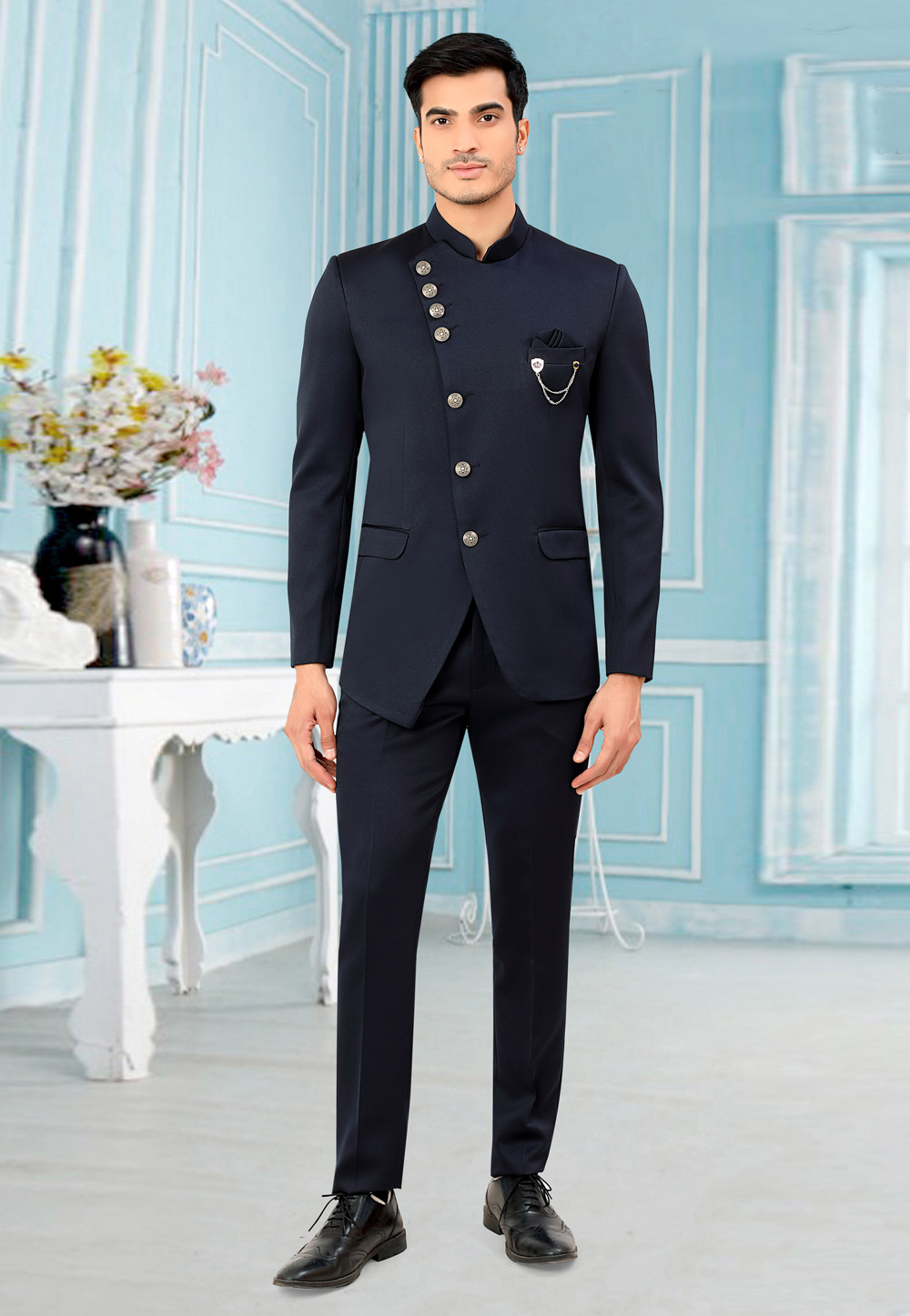 Navy Blue Rayon Jodhpuri Suit 265782