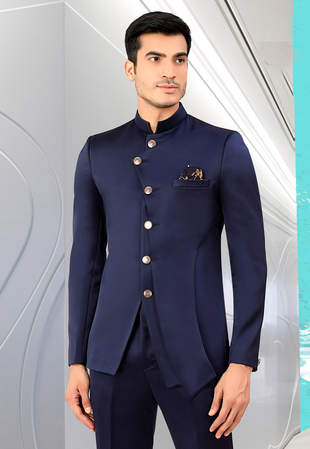 Solid Color Terry Rayon Jodhpuri Suit in Navy Blue : MHG971