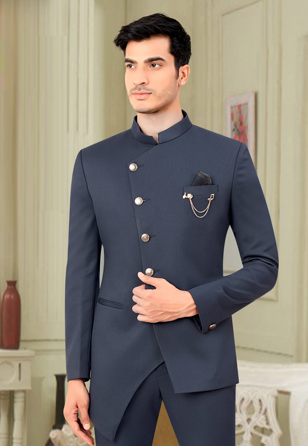Buy Blue Velvet Plain Bandhgala And Pant Set For Men by Mapxencars Online  at Aza Fashions.