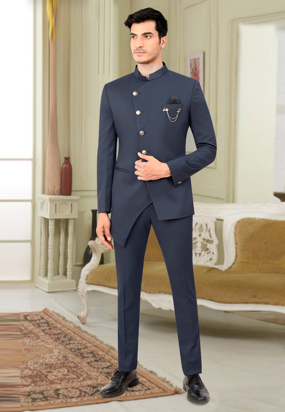 Readymade Beige Color Jacquard Fabric Royal Jodhpuri Suit