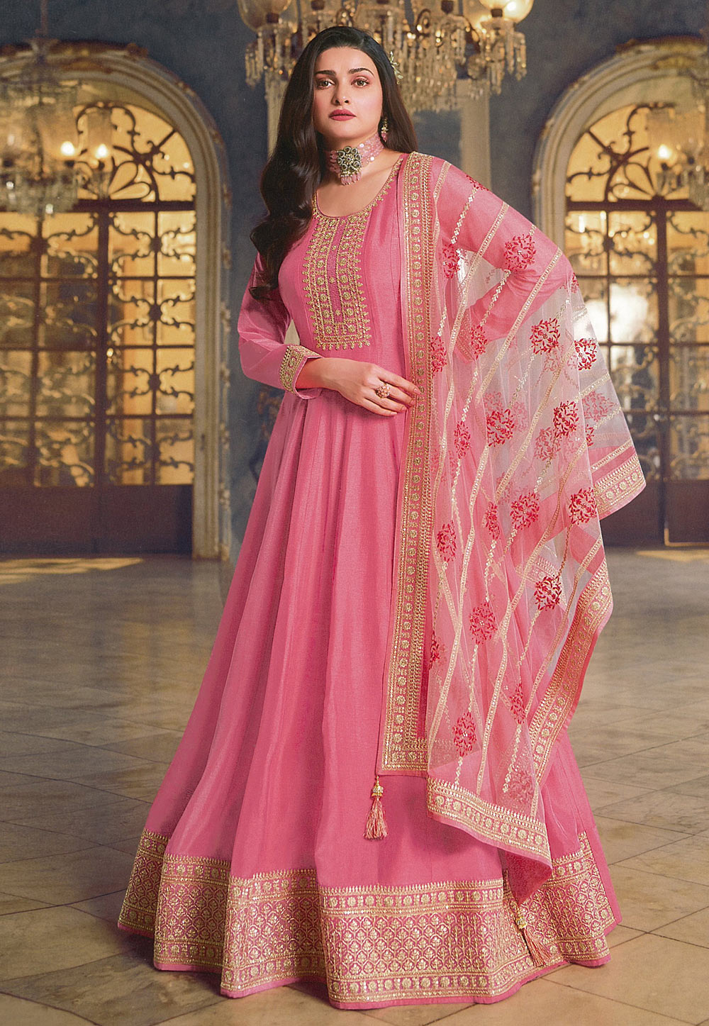 Prachi Desai Pink Silk Long Anarkali Suit 254084