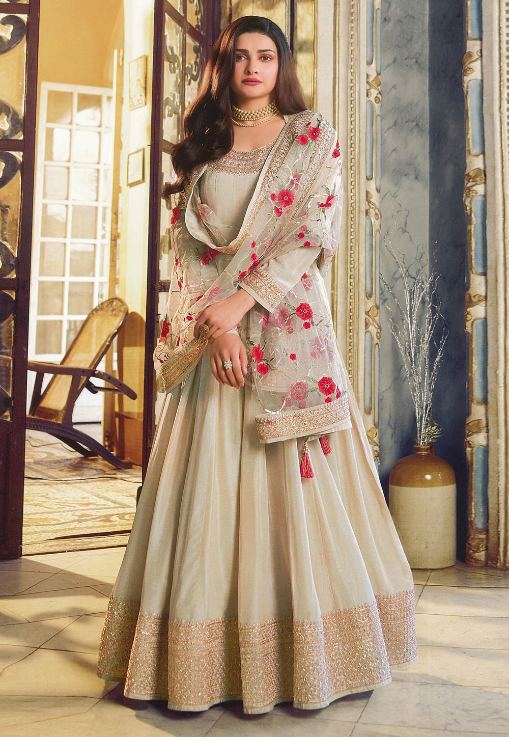 Prachi Desai Off White Silk Abaya Style Anarkali Suit 254085