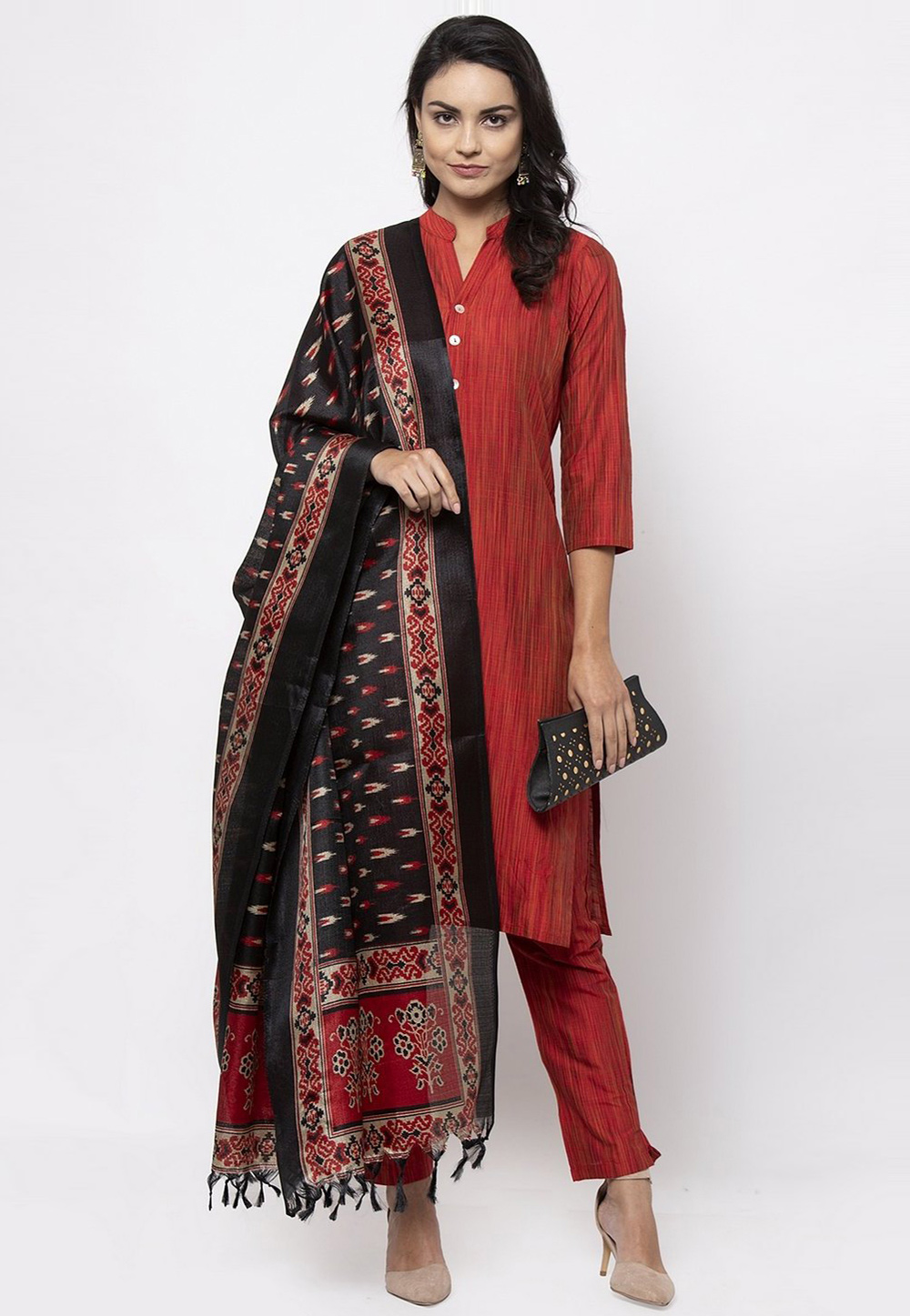 Red Cotton Silk Readymade Pant Style Suit 222037