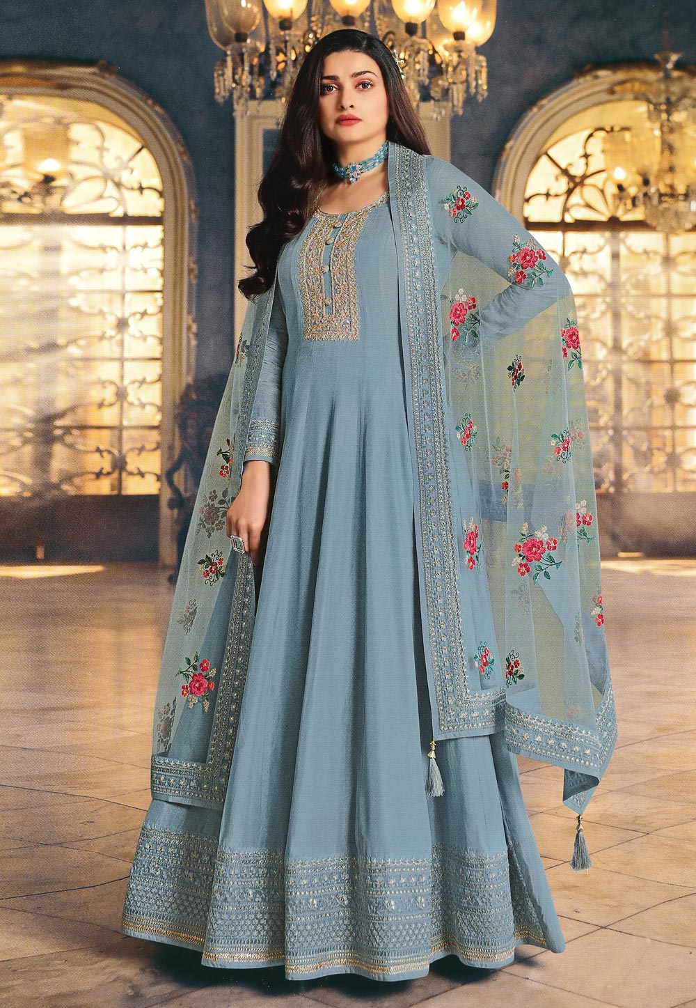 Prachi Desai Light Blue Silk Long Anarkali Suit 247133