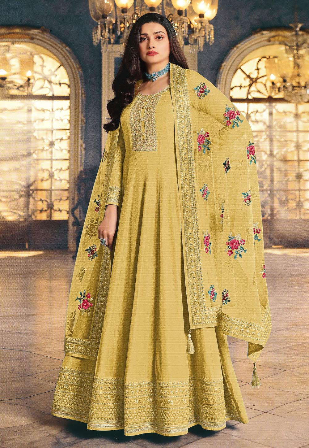 Prachi Desai Yellow Silk Abaya Style Anarkali Suit 247134