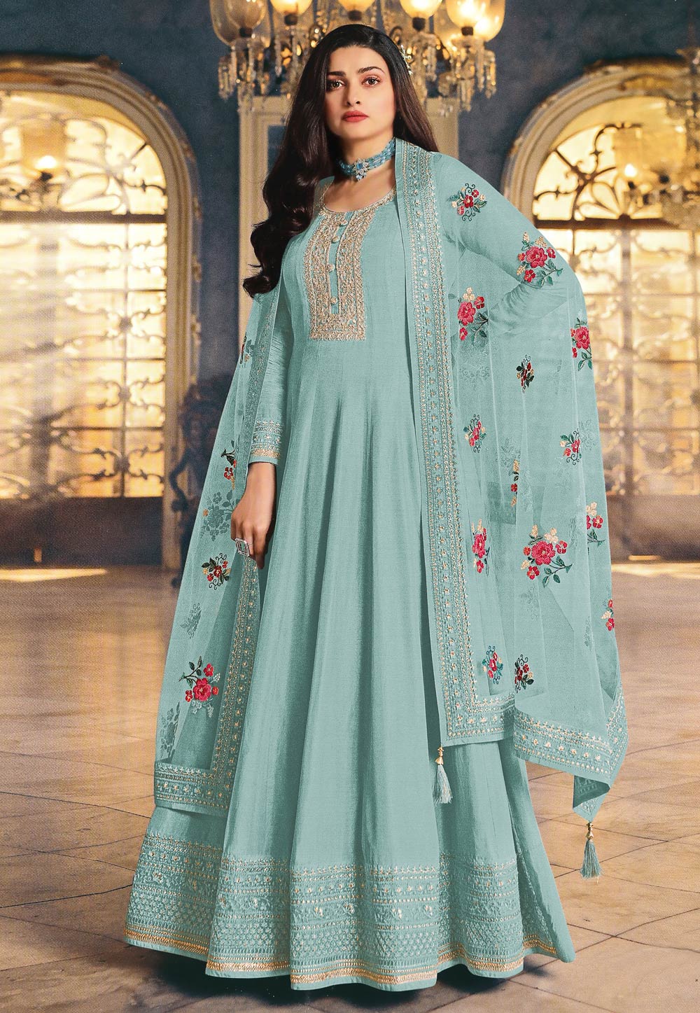 Prachi Desai Sky Blue Silk Long Anarkali Suit 247135